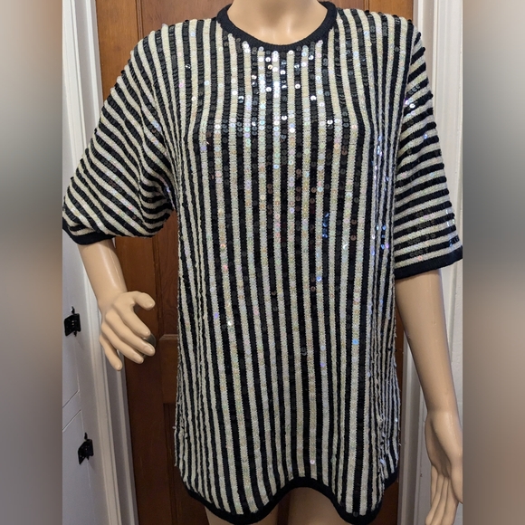 Black & White Striped and Sequined Vintage Sweater Small - Picture 1 of 11